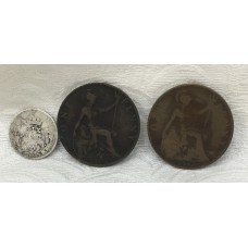 GREAT BRITAIN UK 1900's . SIXPENCE AND PENNIES . 3 COINS
